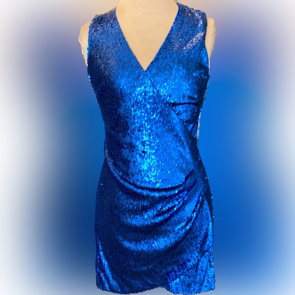 🔥 NWT Aqua Sleeveless Blue Sequin Cocktail Dress with V Neck Size Small - Picture 2 of 7